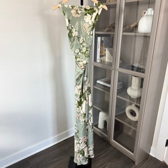 Reformation Anaiis Silk Maxi Dress 0 P NEW Tarragon Floral Open Back High Neck - Picture 2 of 7
